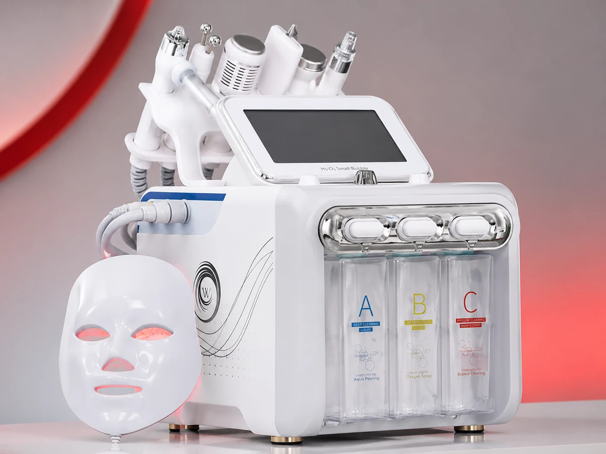 Aparelho de estética profissional com manípulos e máscara LED