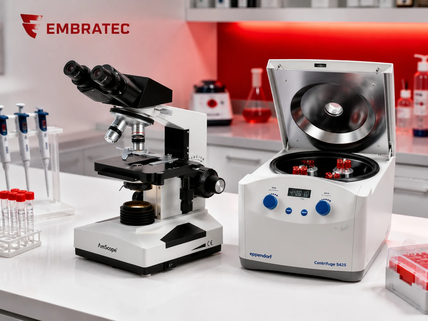 Equipamentos de laboratório com microscópio e centrífuga